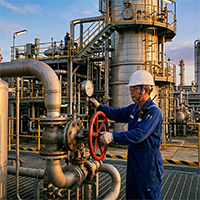 A technician wearing a hard hat operating a valve at an outdoor chemical plant.