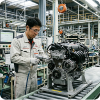 Factory technician working on car engine assembly