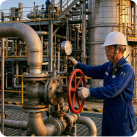 Technician operating a valve at an industrial plant