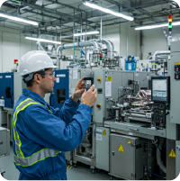 Engineer checking and logging equipment performance on factory floor