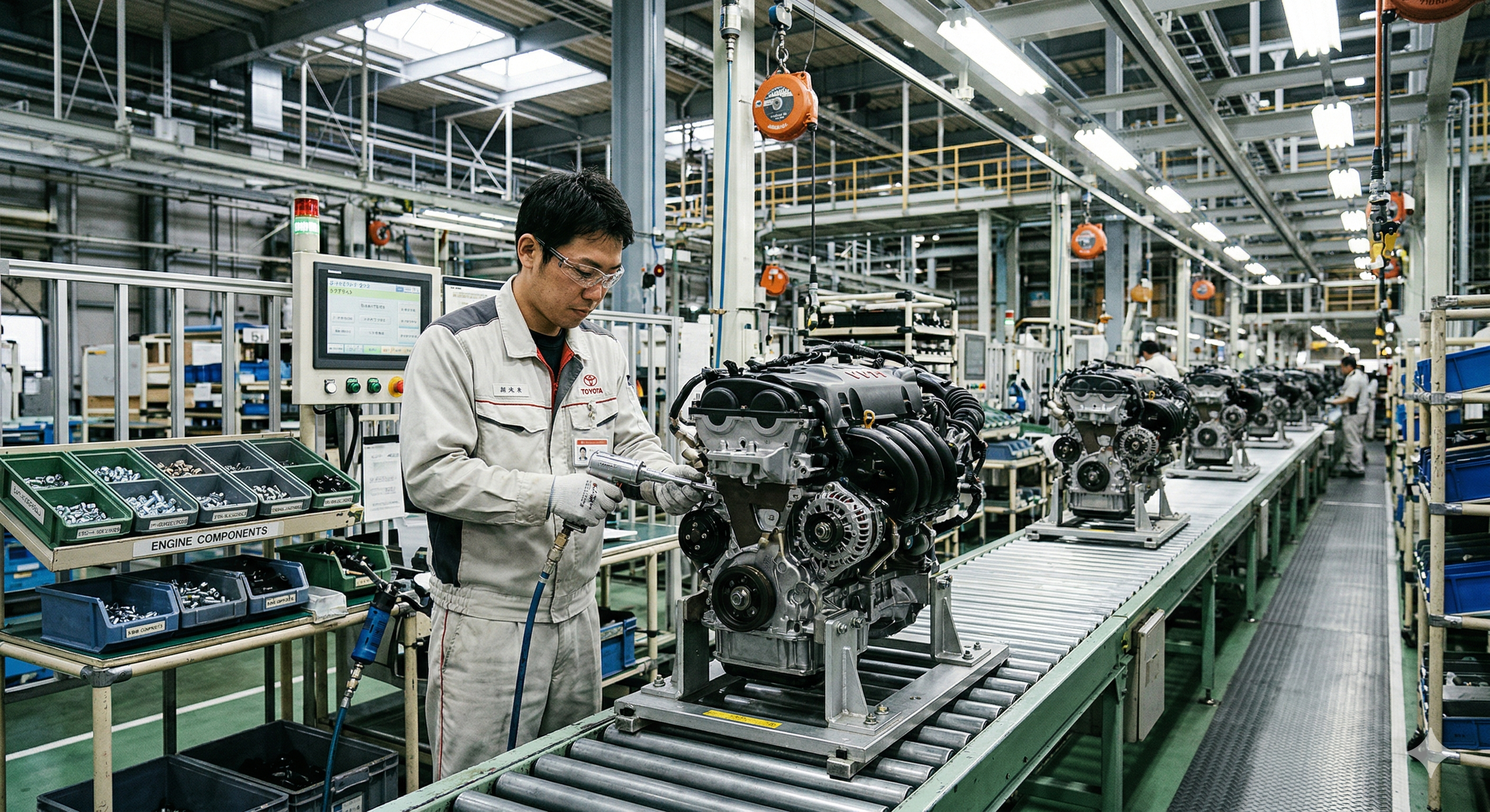 Technician assembling car engine on production line