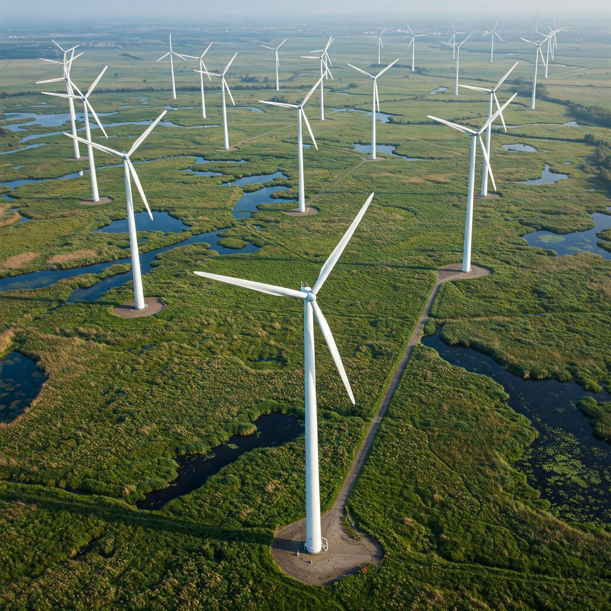 Aerial view of wind turbines on green field