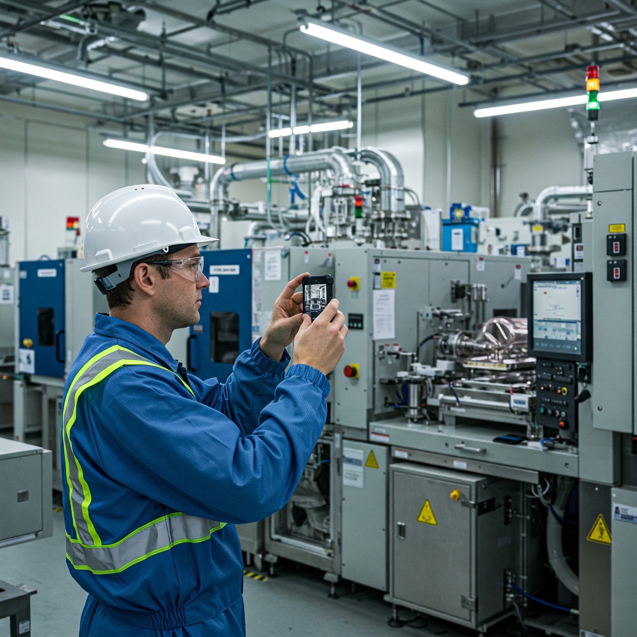 Engineer inspecting automation control panel in factory